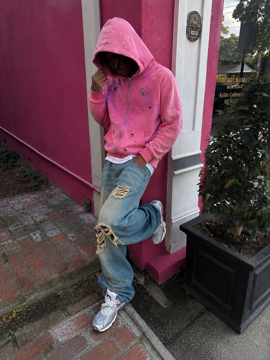 WARPEACE Pink Rhinestone Distressed Zip Hoodie