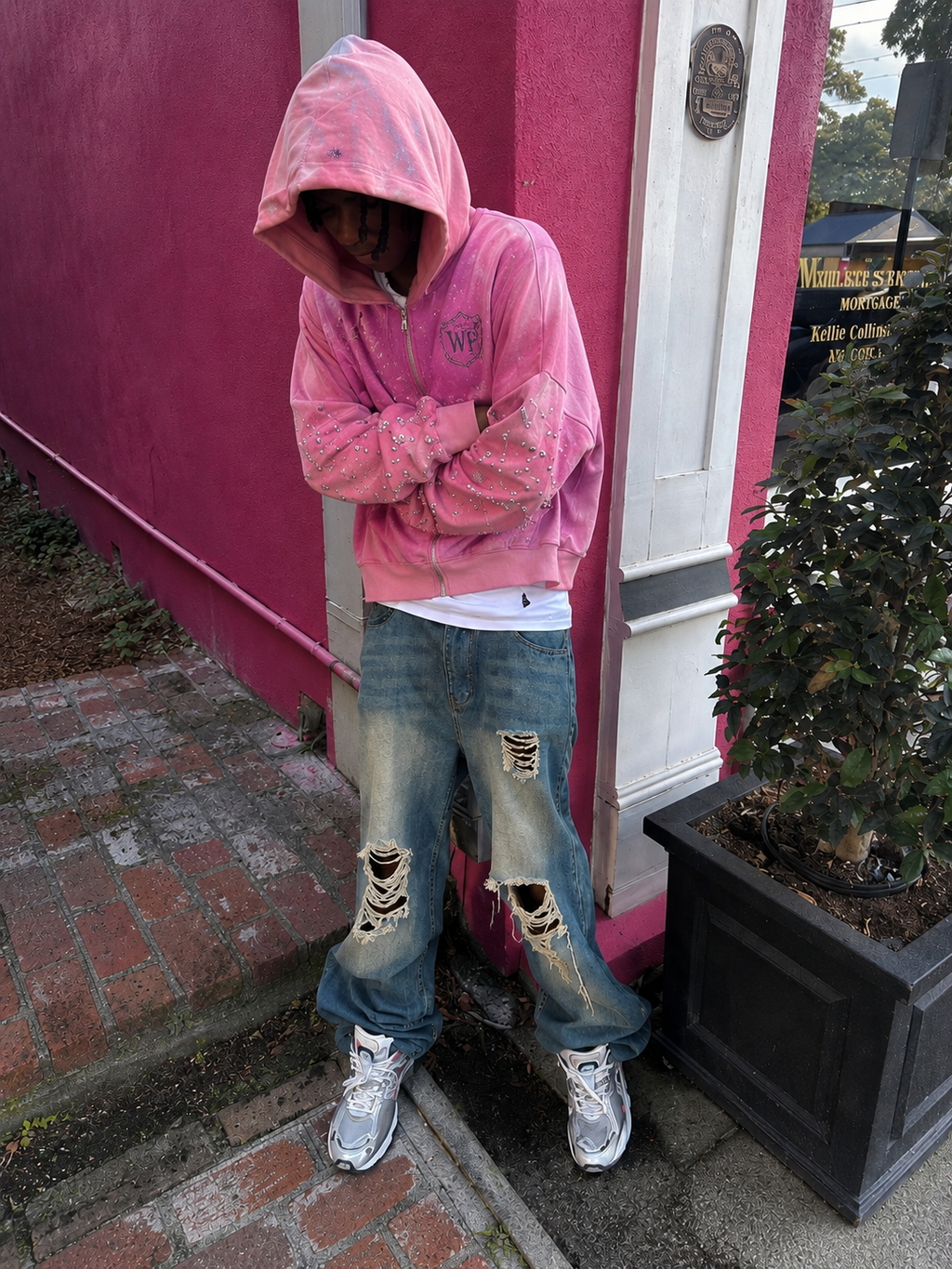 WARPEACE Pink Rhinestone Distressed Zip Hoodie