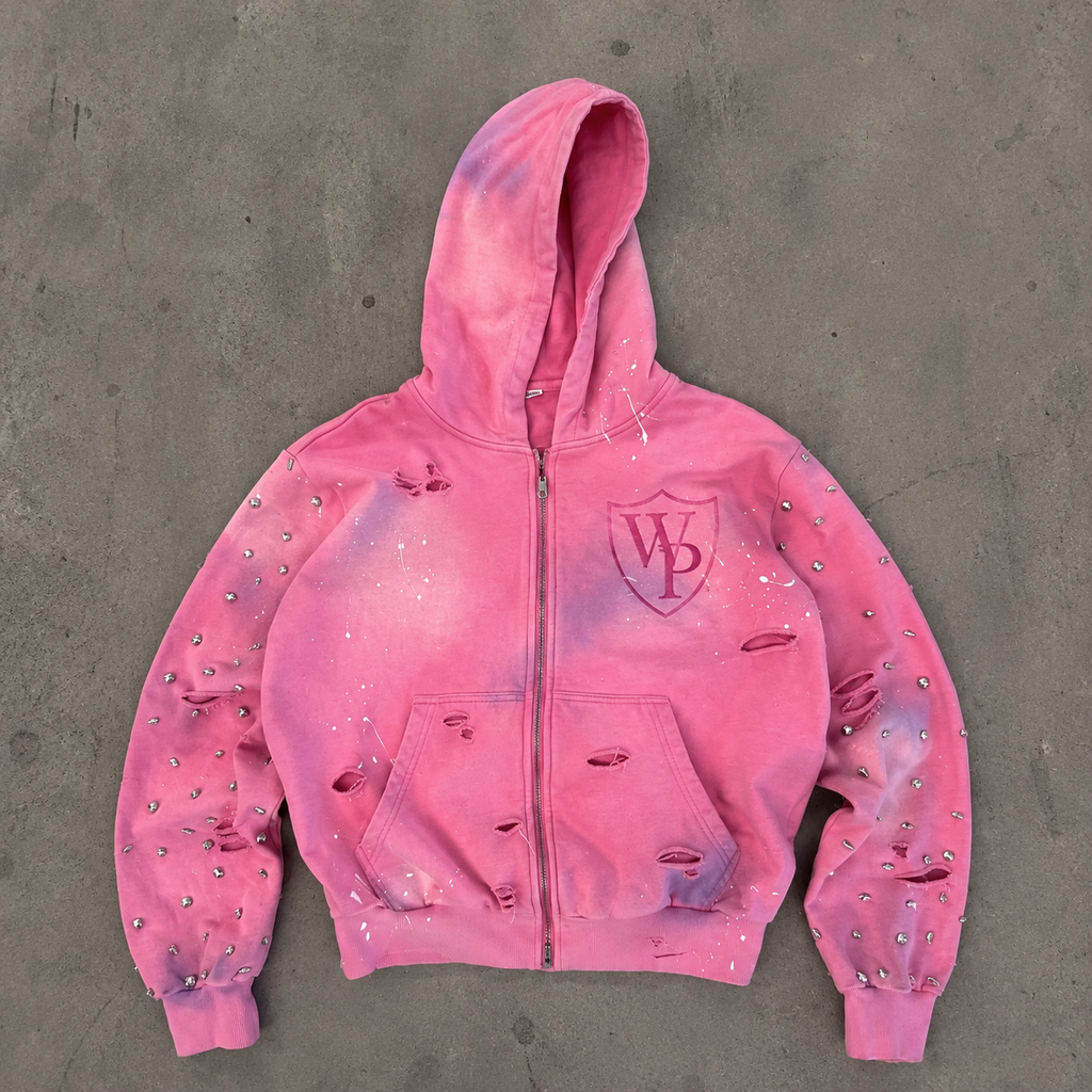 WARPEACE Pink Rhinestone Distressed Zip Hoodie