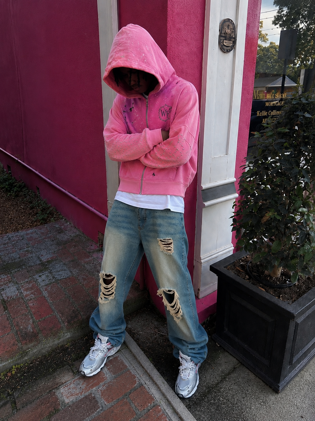 WARPEACE Pink Rhinestone Distressed Zip Hoodie